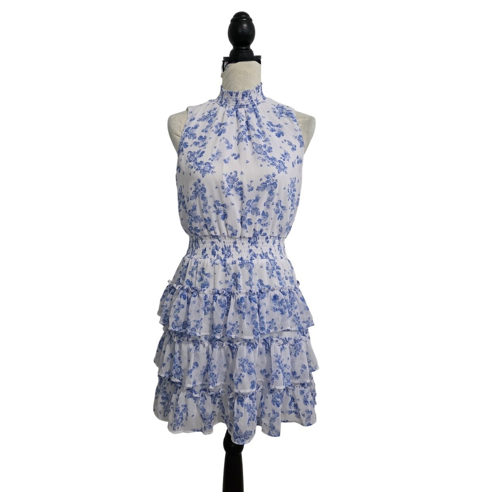 1.STATE Blue White Floral Smocked High Neck Tiered Ruffle Mini Dress Small - Picture 1 of 6